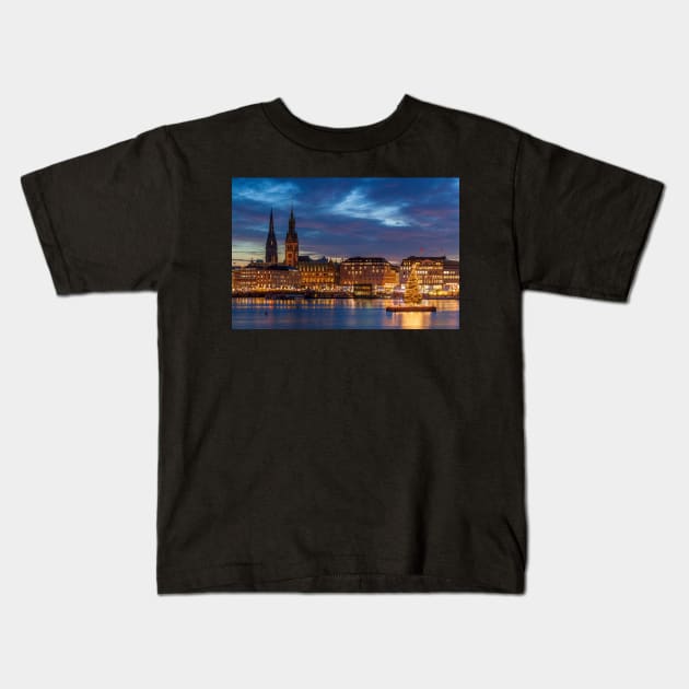 Jungfernstieg, town hall, Binnenalster, Christmas lights, dusk, Hamburg, Germany Kids T-Shirt by Kruegerfoto